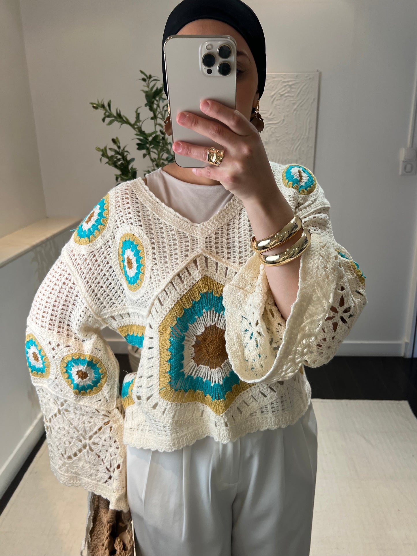 Haut crochet bohème | blanc vert