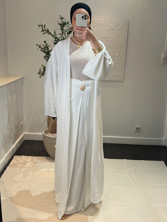 Ensemble kimono jupe effet lin | blanc