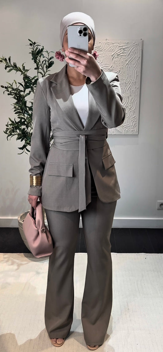 Ensemble blazer à ceinture | Taupe
