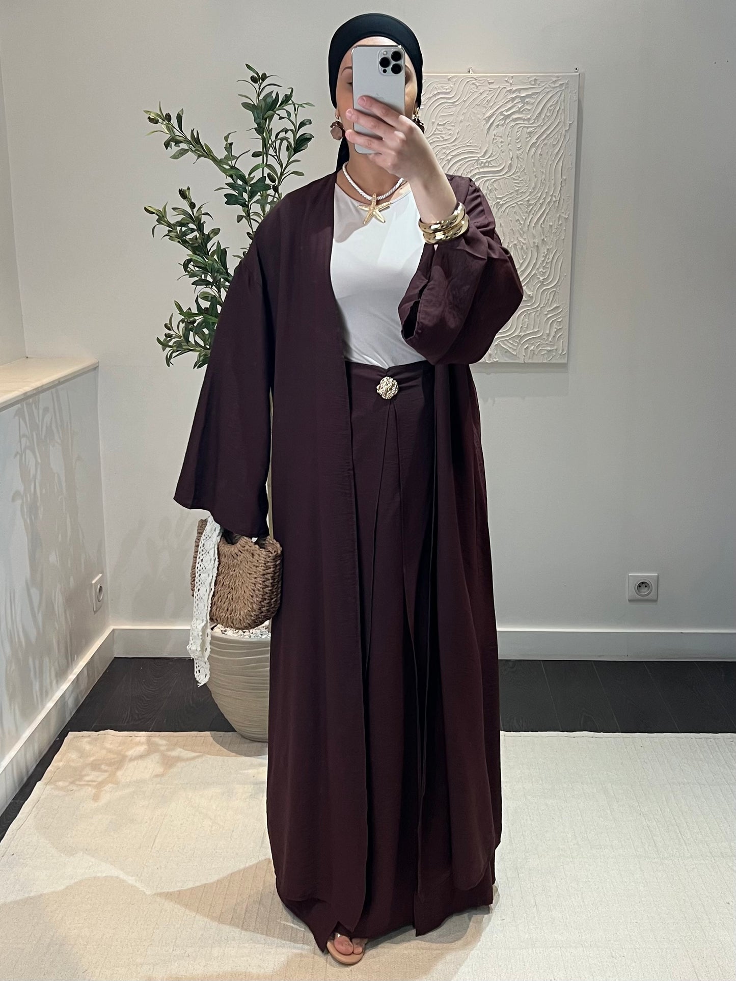 Ensemble kimono jupe effet lin | marron