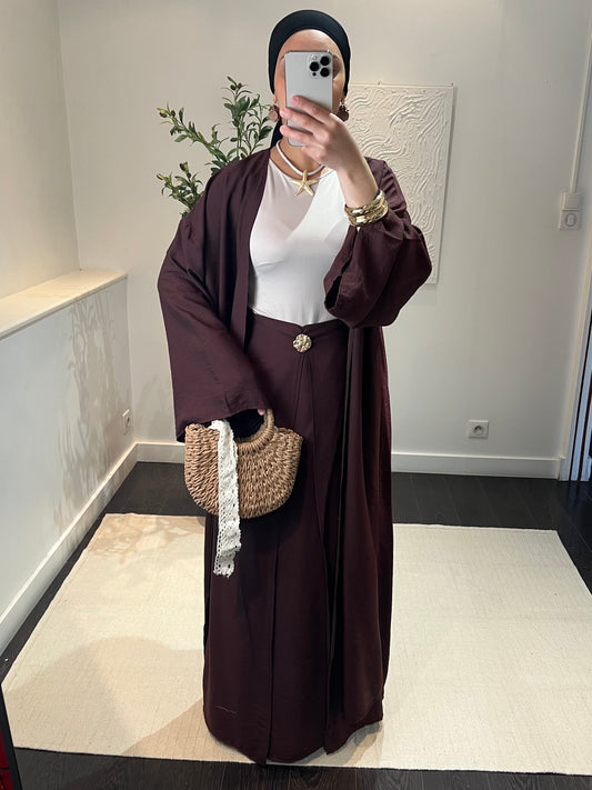 Ensemble kimono jupe effet lin | marron