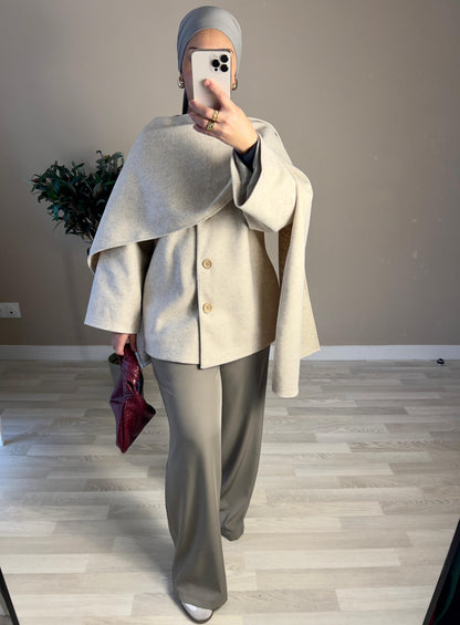 Manteau cape mi-long écharpe véritable laine | Beige