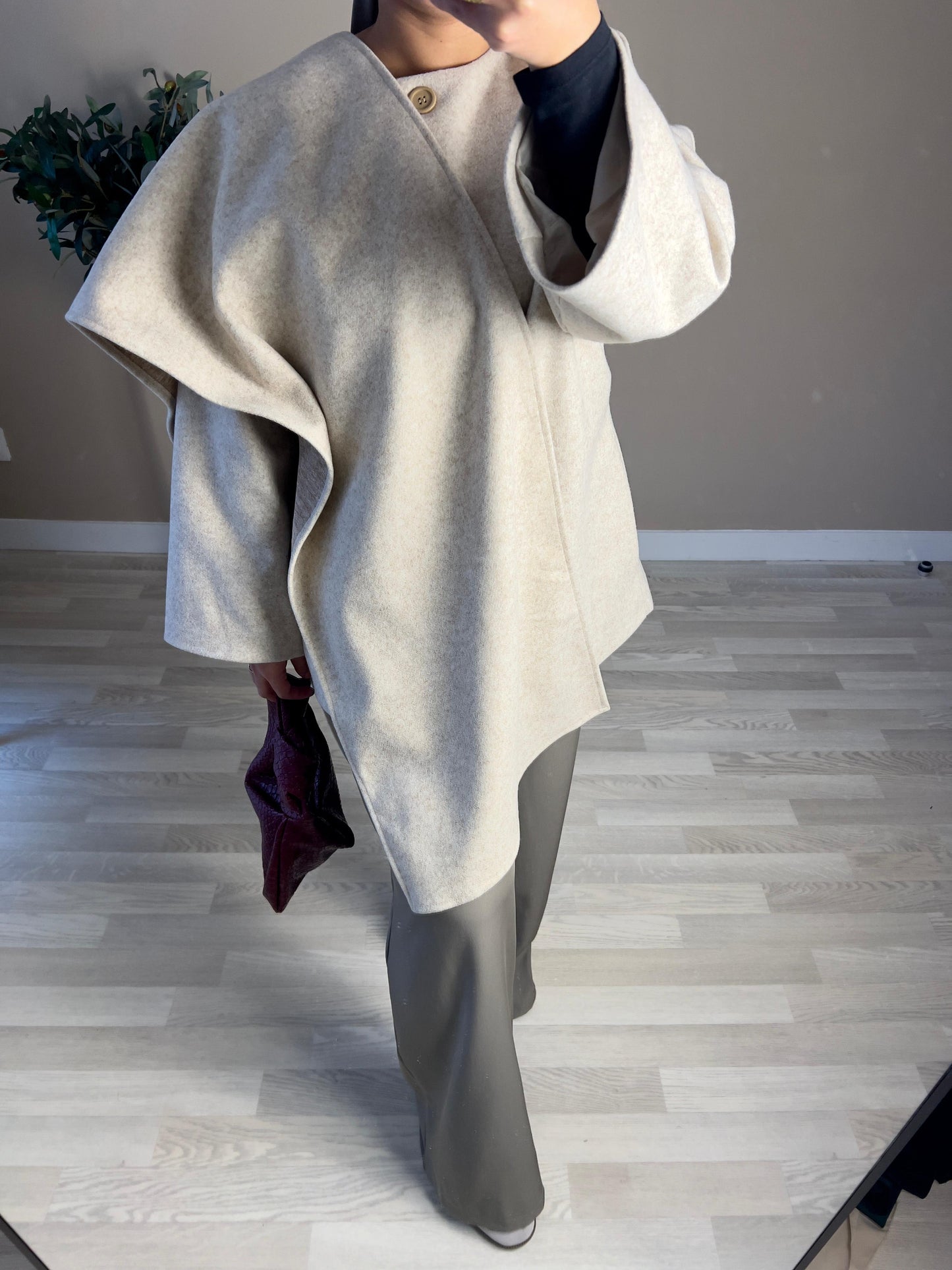 Manteau cape mi-long écharpe véritable laine | Beige