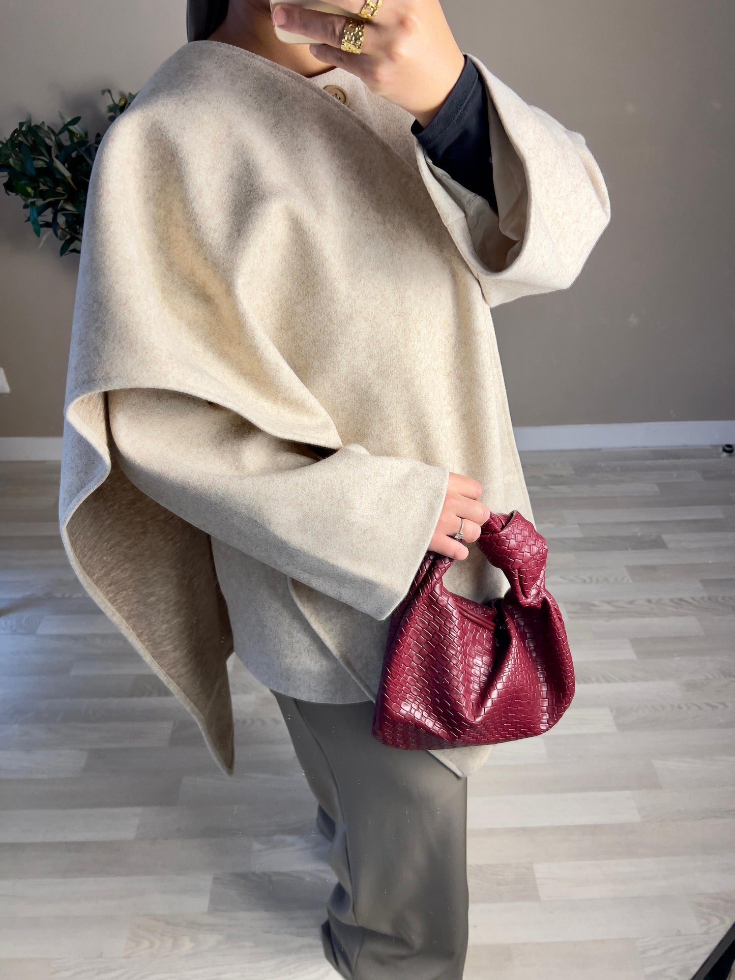 Manteau cape mi-long écharpe véritable laine | Beige